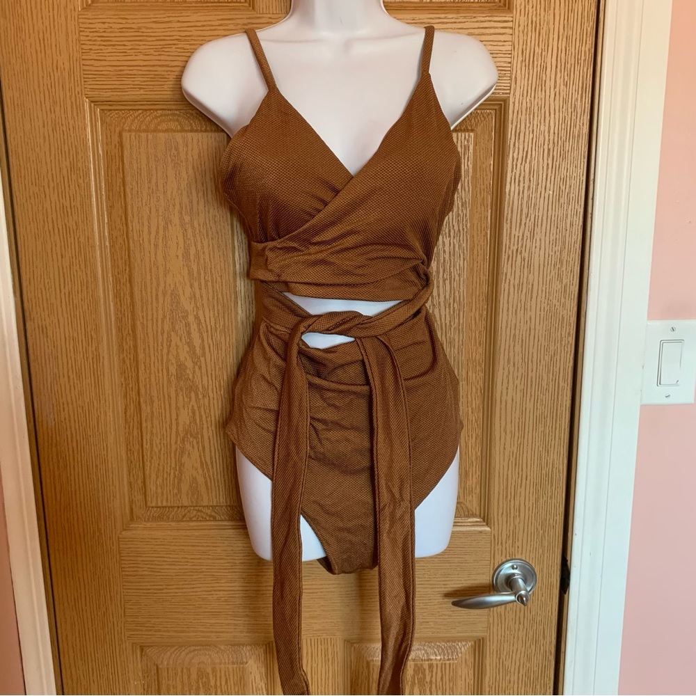 aerie Wrap One-Piece Swimsuit in Warm Brown